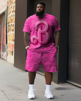 Men's Plus Size Casual Pink Artistic B Letter Two-Piece Set